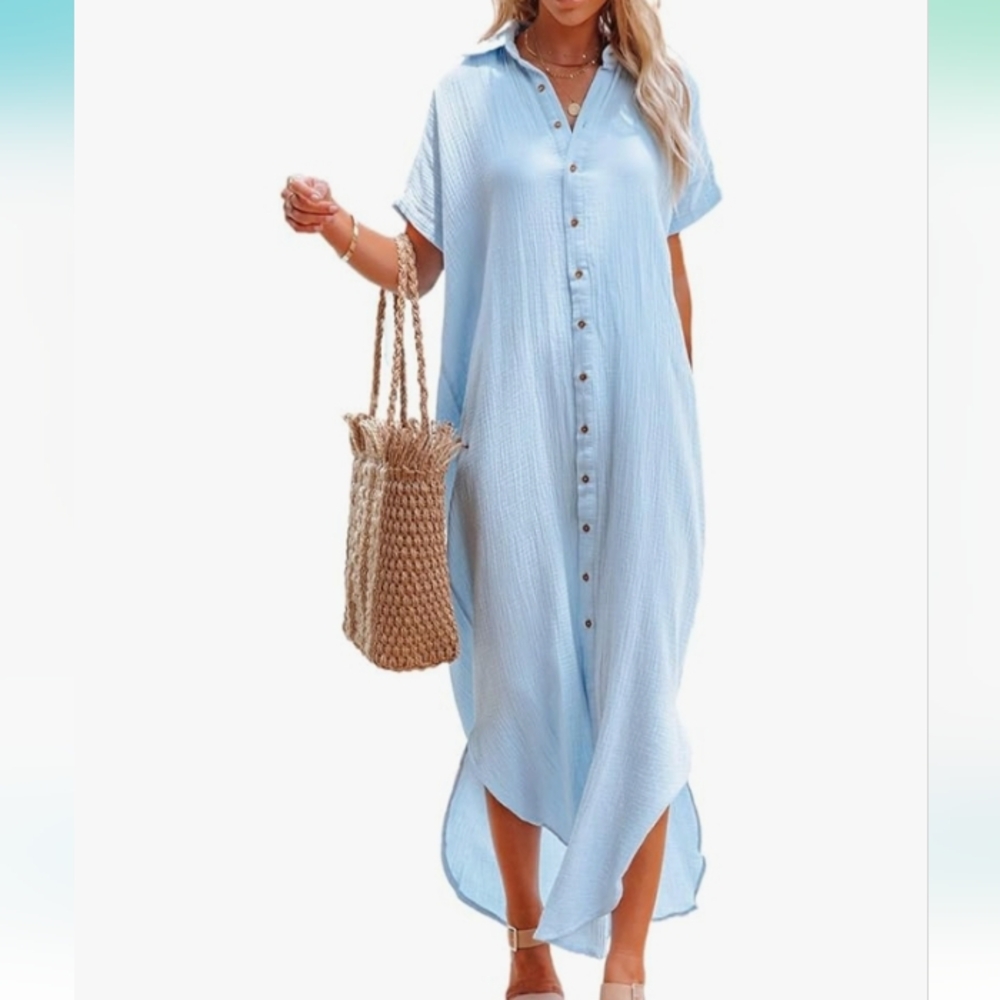 Herseas Womens Casual Short Sleeve Button Down Dress Side Split Long Kimonos